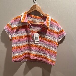NWT L*Space Striped Floral Crop Polo Top in Pink, Orange and White Small